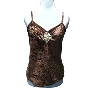 Y2K Xhilaration brown crushed velvet camisole top sz M w/crochet accent gypsy